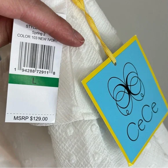 LAST CHANCE; CeCe White One Shoulder Chiffon Swiss Dot Dress, Large, NWT - Picture 8 of 10